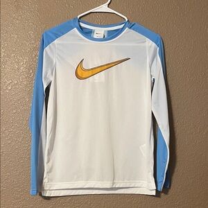 Nike White and Blue Boys Long Sleeve Dri Fit Training with Yellow Swoosh